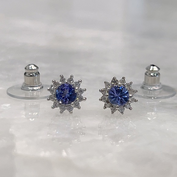 Tanzanite Cambodian Zircon Sterling Silver Halo Stud Earrings - Picture 2 of 12